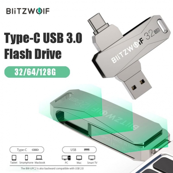 BlitzWolf 32GB 2 in 1 Typ C USB Stick 3,0 Flash-Laufwerk mit 360 ° -Drehung Ultra Fit Memory Stick