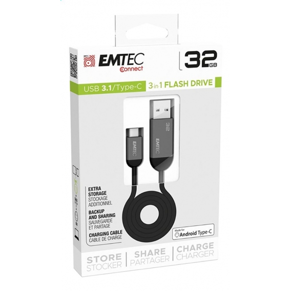 EMTEC USB-Type-C auf USB 3.1 Kabel integrierter USB-Stick USB-Type-C auf USB 3.1 Kabel, 32GB