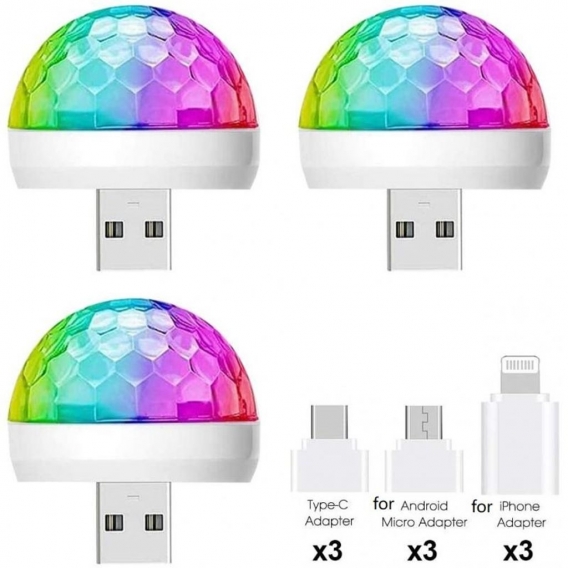 3x Mini Disco Party Licht3x Micro-USB Adapter3x Adapter für Apple3x Typ-C-Adapter