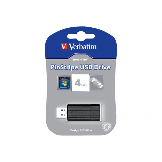 Verbatim PinStripe USB Drive 4GB - Black, 4 GB, USB 2.0, 10 MB/s, 21 mm, 54 mm, 9.22 mm