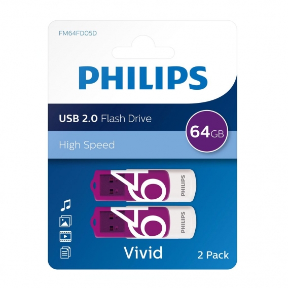 Philips USB-Stick 2.0 Vivid, 64GB, 2er Pack, Farbe:Lila