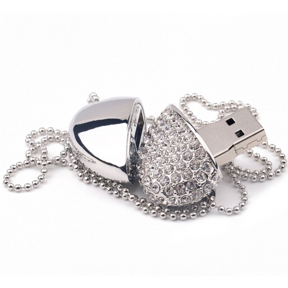 Rhinestone Alloy Heart Shape USB Flash Drive Memory Stick U Disk for Laptop PC Silver 32G