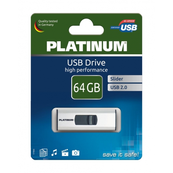 Platinum Slider USB-Stick 64 GB USB 2.0 USB-Flash-Laufwerk - Speicher-Stick in silber inkl. Öse zur Befestigung am Schlüsselanhä