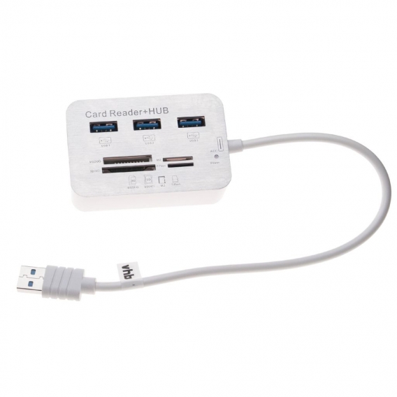 vhbw SD Kartenleser USB 3.0 Typ A zu 3x USB-Hub + MS/SD/M2/TF Slots kompatibel mit Speicherkarten, Smartphone, Tablet, Laptop, N