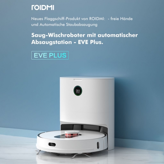 Roidmi EVE Plus Roboter Staubsauger Nass-Trocken-Saugroboter,50 Watt,2700pa Mit sauberer Basis und Beutel,Weiß