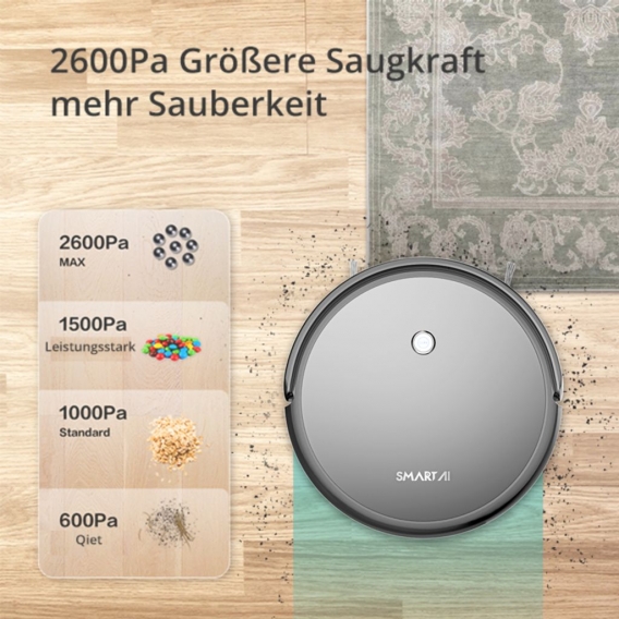 SmartAI G50 WLAN 3-in-1 Saugroboter mit Wischfunktion Staubsauger Roboter Saug-Wisch-Roboter Wischroboter 2600mAh Alexa Google H