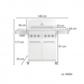 More about TAINO PLATINUM 4+2 Gasgrill komplett Edelstahl 4-Brenner silber Grillwagen BBQ Keramik-Brenner Backburner Sear-Zone Piezozündung