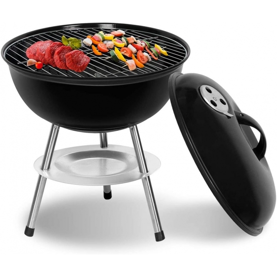 Sunjas Holzkohlegrill mit Deckel, Kleiner Kugelgrill, Mini Picknick Grill, CA-60 emaillierter Campinggrill für Garten, BBQ 39 cm