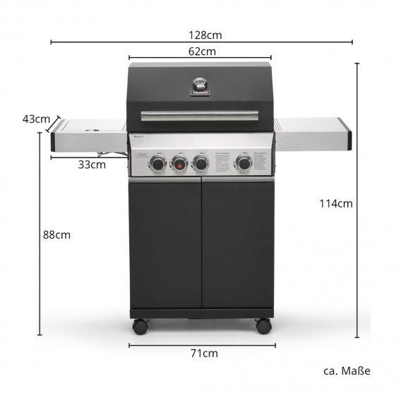 TAINO BLACK 3+1 Gasgrill 3 Brenner mit Seitenbrenner Keramik Sear-Burner Gusseisen-Rost Schwarz