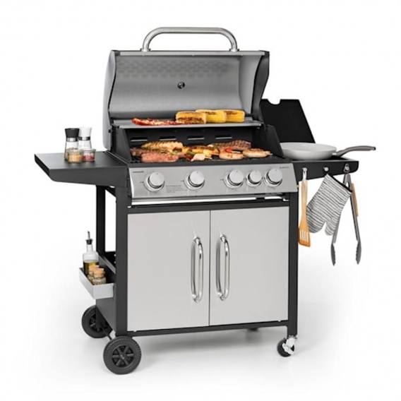 Klarstein Tomahawk Gasgrill 4+1 ,  4x 3,6 kW + 2,7 kW Brenner , 66x 43,5 cm Grill , doppelwandige Grillhaube aus Edelstahl mit i