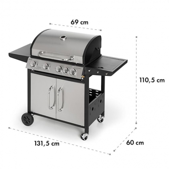 Klarstein Tomahawk Gasgrill 4+1 ,  4x 3,6 kW + 2,7 kW Brenner , 66x 43,5 cm Grill , doppelwandige Grillhaube aus Edelstahl mit i