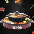 Integrierte Hot Pot+ Grillpfanne, 2 in 1 Elektro Hot Pot BBQ Rauchfreier Multikocher Doppelte Trennung 2200W (Rot)