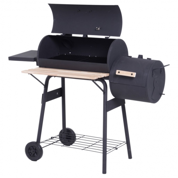 Outsunny Smoker Grill BBQ Holzkohlengrill Grillwagen Multifunktion mit 2 x Brennkammer Schornstein Metall + Tannenholz Schwarz 1