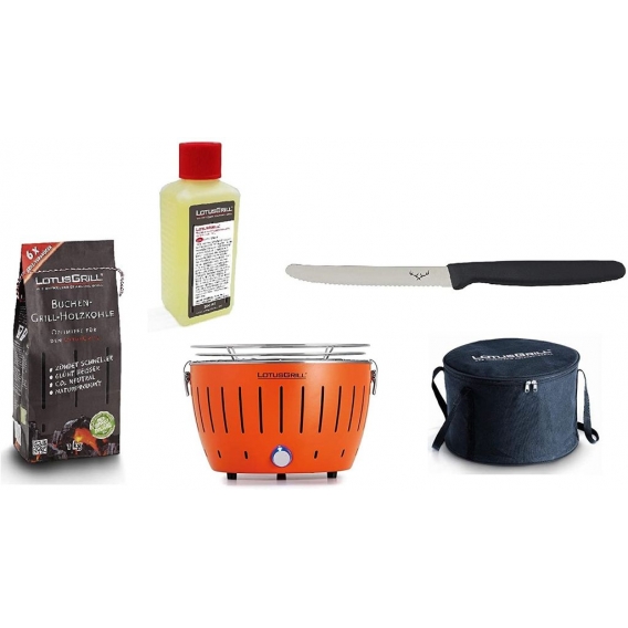 LotusGrill Starter-Set Kompakt Mandarinenorange Kohle1kg, Brennpaste200ml,Messer