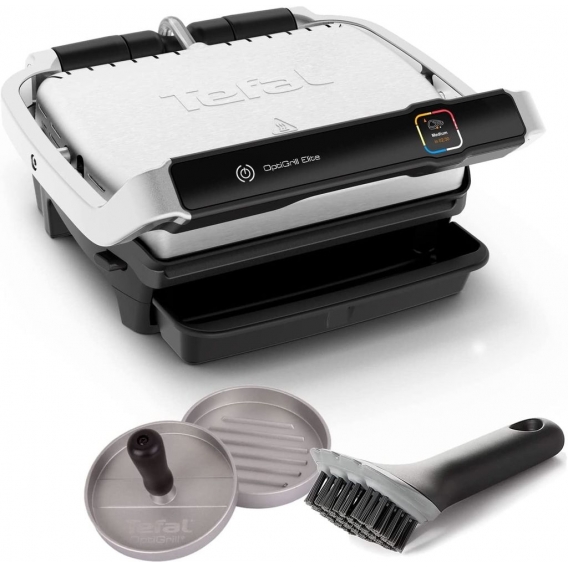 Tefal OptiGrill ELITE Kontaktgrill Innovativer Elektrogrill 2000W + Hamburgerpresse + OXO Grillbürste