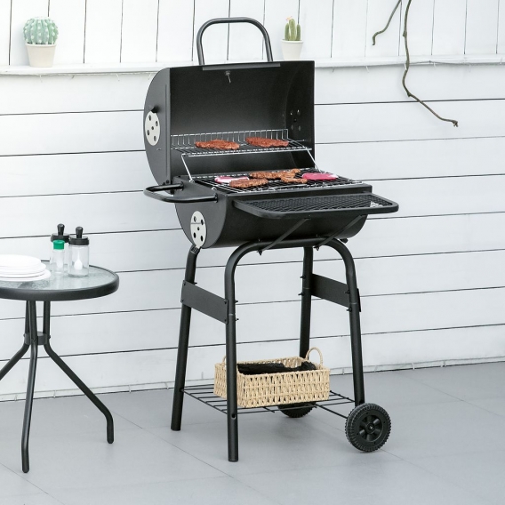 Outsunny Holzkohlegrill BBQ Gartengrill mit Deckel und Ablagen Metall Smoker BBQ Warmhalteplatte Regale Gartenparty Transportrol