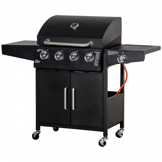 Outsunny Gasgrill BBQ mit 4 Brennern 1 Seitenbrenner je 3 kw mobiler Grillwagen mit 4 Rädern Grillnetz Druckminderer Schläuche S