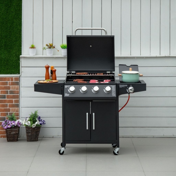 Outsunny Gasgrill BBQ mit 4 Brennern 1 Seitenbrenner je 3 kw mobiler Grillwagen mit 4 Rädern Grillnetz Druckminderer Schläuche S