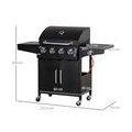 Outsunny Gasgrill BBQ mit 4 Brennern 1 Seitenbrenner je 3 kw mobiler Grillwagen mit 4 Rädern Grillnetz Druckminderer Schläuche S