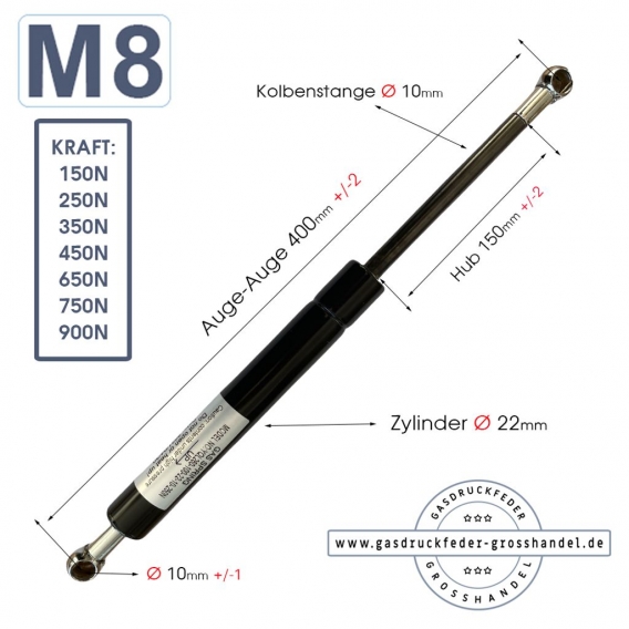 Gasdruckfeder Gasdruckdämpfer Kugelpfanne 400mm/150mm - 450N