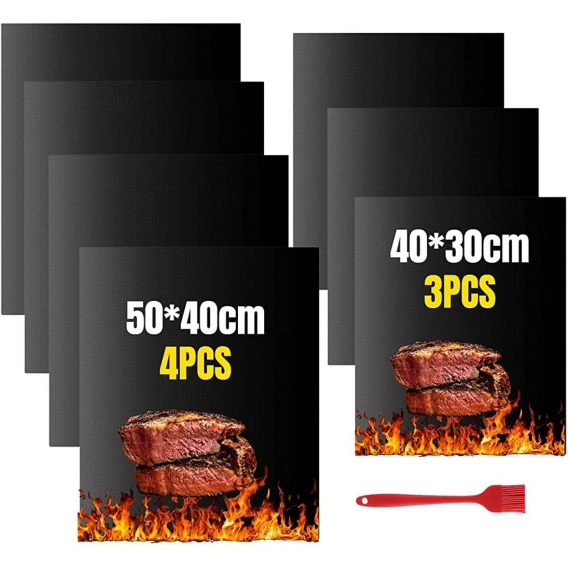 AcserGery BBQ Grillmatte Rund Ø 38 cm (2er Set) und 50 x 40 cm (4er Set), Antihaft-Grillfolie Wiederverwendbare Backmatten für b