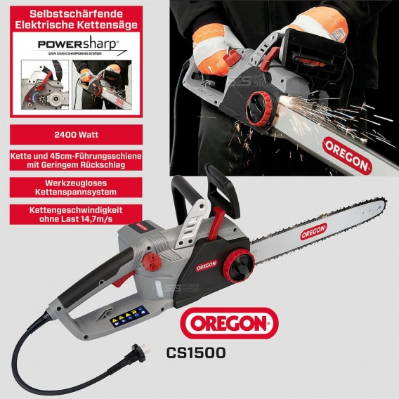 Elektro-Kettensäge Oregon CS1500 Motorsäge 2400 Watt 45 cm Selbstschärfend mit PowerSharp