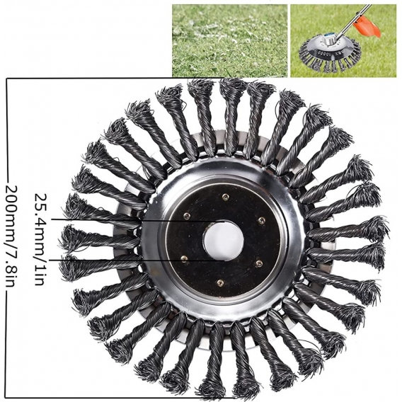 AcserGery Stahldraht-Unkrautschneiderkopf, 8-Zoll-Freischneiderbürste, 200 x 25,4 mm Stahldraht-Unkrautkopf, runde Unkrautbürste