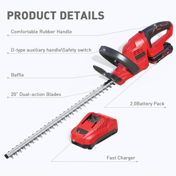 Akku-Heckenschere, 20-V-Buschtrimmer 20-Zoll-Dual-Action-Klingen 5,5 lb leichter und leistungsstarker Akku und Schnellladegerät,