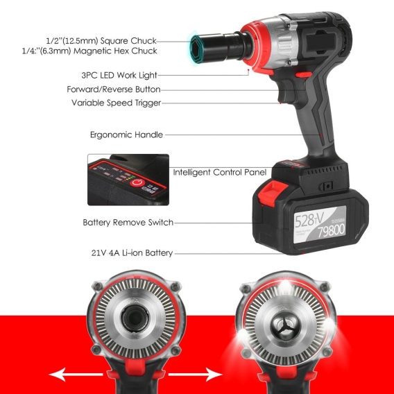 Akku-Schlagschrauber 980 Nm Drehmoment Buerstenloser Motor 1/2 und 1/4 Zoll Schnellspannfutter 6.0A mit Schnellladegeraet Multif