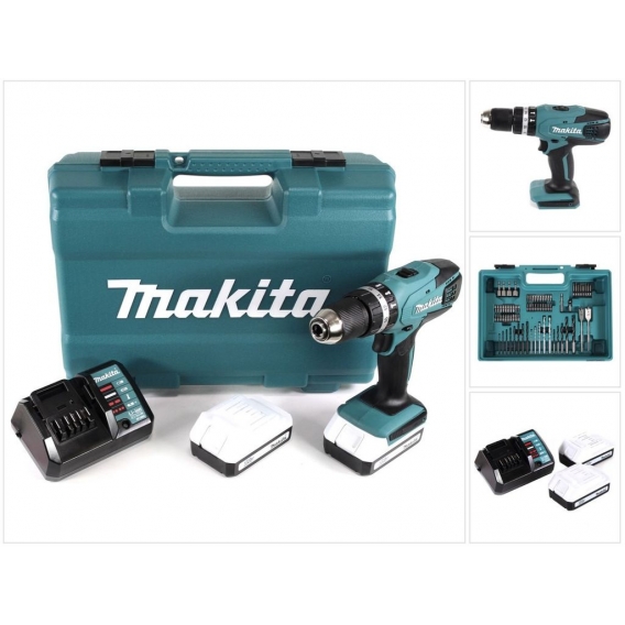 Makita HP 457 DWE 18 V Akku Schlagbohrschrauber + 2 x 1,3 Ah Akku + Ladegerät + 74 tlg. Zubehör Set im Werkzeugkoffer