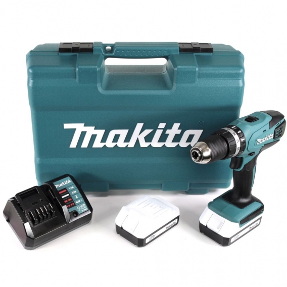 Makita HP 457 DWE 18 V Akku Schlagbohrschrauber + 2 x 1,3 Ah Akku + Ladegerät + 74 tlg. Zubehör Set im Werkzeugkoffer