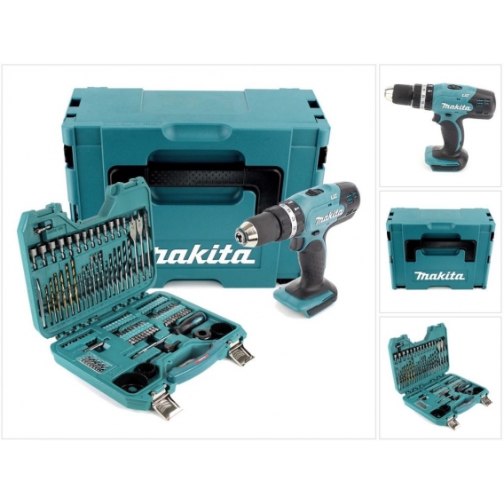 Makita DHP 453 ZJ Akku Schlagbohrschrauber 18V 42Nm im Makpac + 100 tlg. Bit, Bohrer & Steckschlüssel Set - ohne Akku, ohne Lade