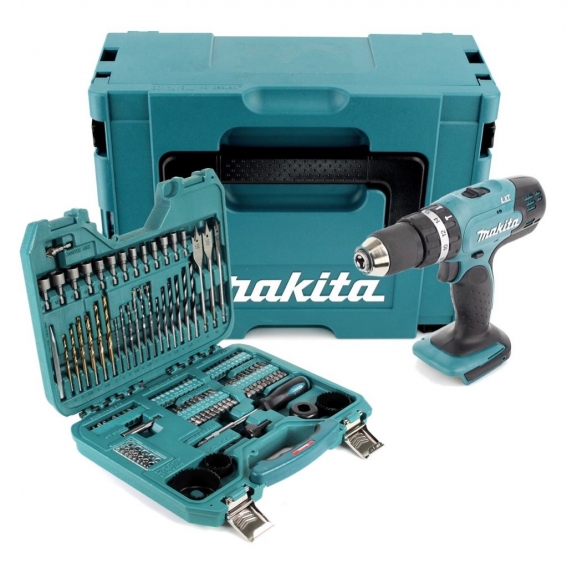 Makita DHP 453 ZJ Akku Schlagbohrschrauber 18V 42Nm im Makpac + 100 tlg. Bit, Bohrer & Steckschlüssel Set - ohne Akku, ohne Lade