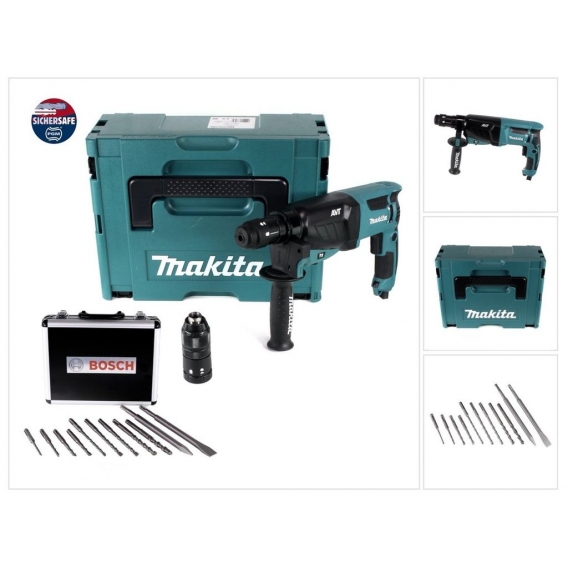 Makita HR 2631 FTJ Kombihammer 800 W SDS Plus + Schnellspannbohrfutter + Bohrer und Meißel Set 11 tlg. PGM  + Makpac