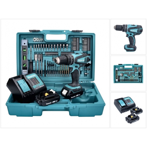 Makita DHP 456 SA2X5 Akku Schlagbohrschrauber 18 V 50 Nm + 2x Akku 2,0 Ah + Ladegerät + 101 tlg. Zubehör Set + Koffer