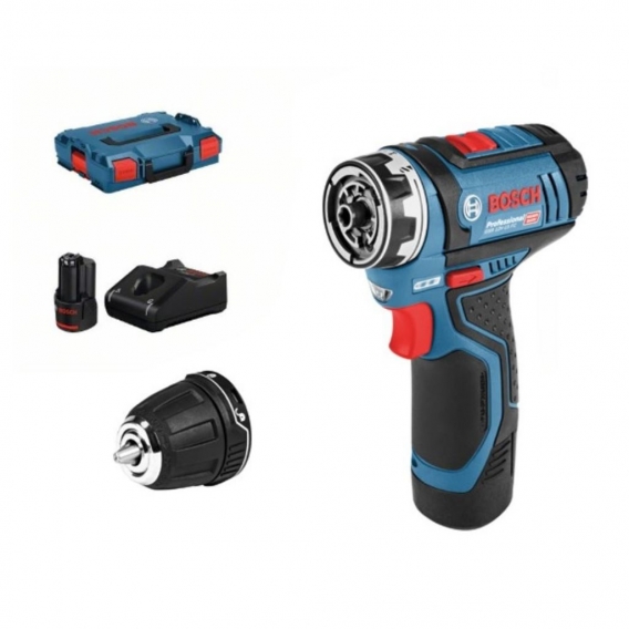 Bosch Akku-Bohrschrauber GSR 12V-35 FC Professional, 12Volt ,blau/schwarz, 2x Li-Ionen Akku 3,0Ah, mit FlexiClick Bohrfutter, L-