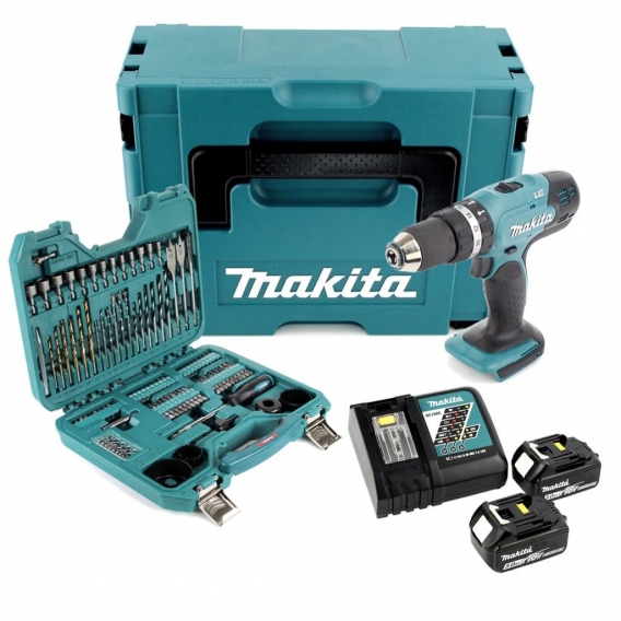 Makita DHP 453 RTJ Akku Schlagbohrschrauber 18V 42Nm im Makpac + 2x 5,0 Ah Akku + Ladegerät + 100 tlg. Bit- & Bohrer Set