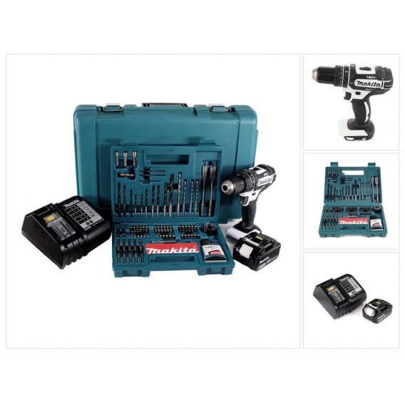 Makita DHP 482 SGK W Akku Schlagbohrschrauber 18V 62Nm + 1x Akku 6,0Ah + Ladegerät + 100 tlg. Bit Bohrer Set + Koffer