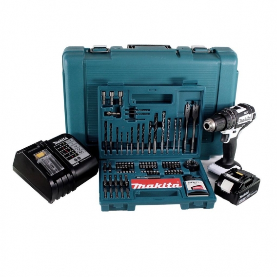 Makita DHP 482 SGK W Akku Schlagbohrschrauber 18V 62Nm + 1x Akku 6,0Ah + Ladegerät + 100 tlg. Bit Bohrer Set + Koffer