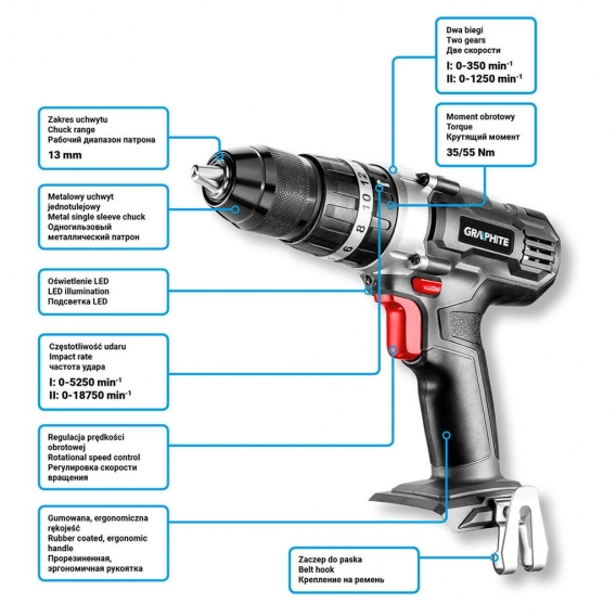 Graphite Akku-Schlagbohrmaschine Energy+, 18V, Li-Ion, ohne Akku