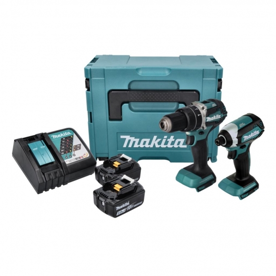 Makita DLX 2180 TJ Akku Combo Kit DHP 484 Akku Schlagbohrschrauber + DTD 153 Akku Schlagschrauber + 2x Akku 5,0 Ah + Ladegerät +