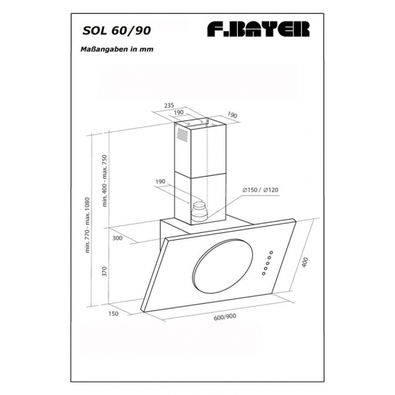 SOL 60W 60cm, weiß lackierte Dunstabzugshaube der Marke F.BAYER, kopffreie Wandhaube mit Weißglasfront und Drucktastensteuerung,