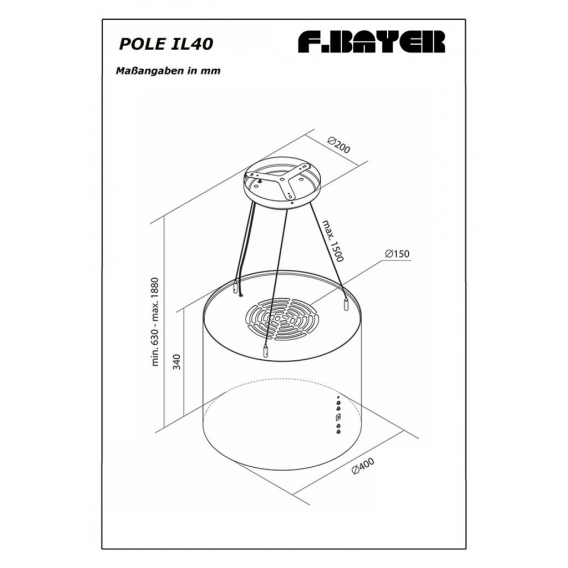 POLE IL40S 40cm runde, schwarz lackierte Dunstabzugshaube der Marke F.BAYER, Inselhaube mit Seilabhängung, 850m³/h, EEK A, LED, 