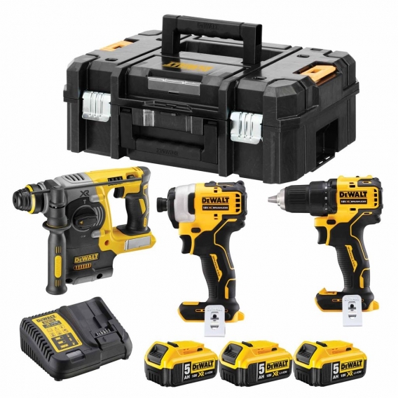 Dewalt Akku-Kombopack DCK377P3T-QW 18 V, Bohrschrauber, Schlagschrauber, Kombihammer SDS-plus, 3 Akkus 5 Ah, Ladegerät, 2 Stück 