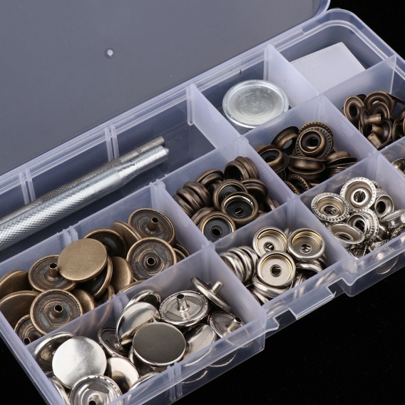 60 Set Metall Druckknöpfe nähfrei Druckknopf Nieten 15 / 17mm für Leder Kunstleder mit Werkzeug Locheisen und Aufbewahrungsbox