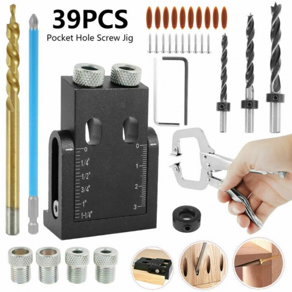 39×Pocket Hole Drilling Taschen Loch Jig Bohrer Kit Holzbearbeitung Holz Dübeln