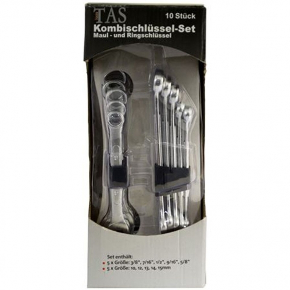 Set Schraubenschlüssel 10 teilig Stahl Kombi Werkzeuge Maul Ringe Metallclip