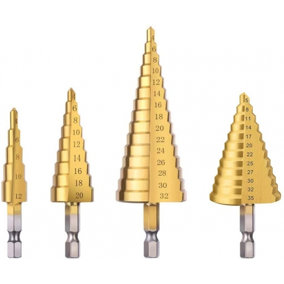 Pyzl HSS Step Drill Bits Set, Bst4u 4 PCS Hochgeschwindigkeitsstahl Titanbeschichtete Kegelbohrer Lochschneider für Holz, Edelst