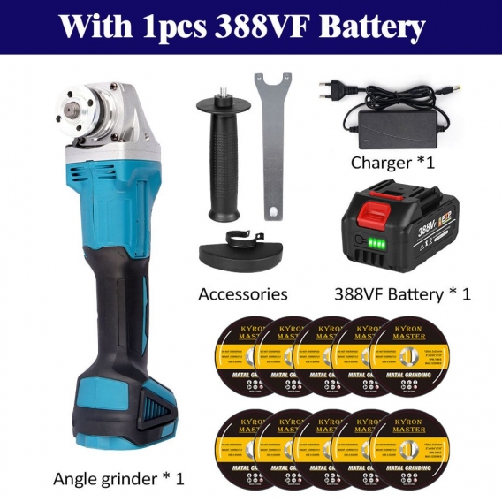 800W 125mm Bürstenloser Akku-Winkelschleifer mit 1 Batterie und mit 10 Stück Schleifscheiben