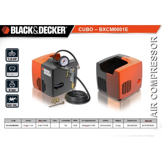 Black&Decker Kompressor Druckluftkompressor "Cubo" 8 bar ölfrei